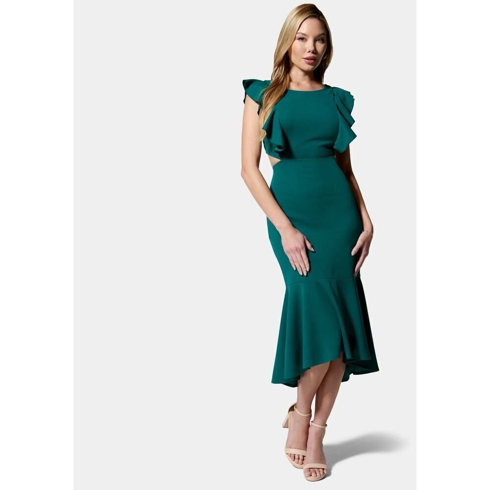 bebe Open Back Ruffle Midi Dress Women's Small Green Short Sleeve Hi-Low NWT